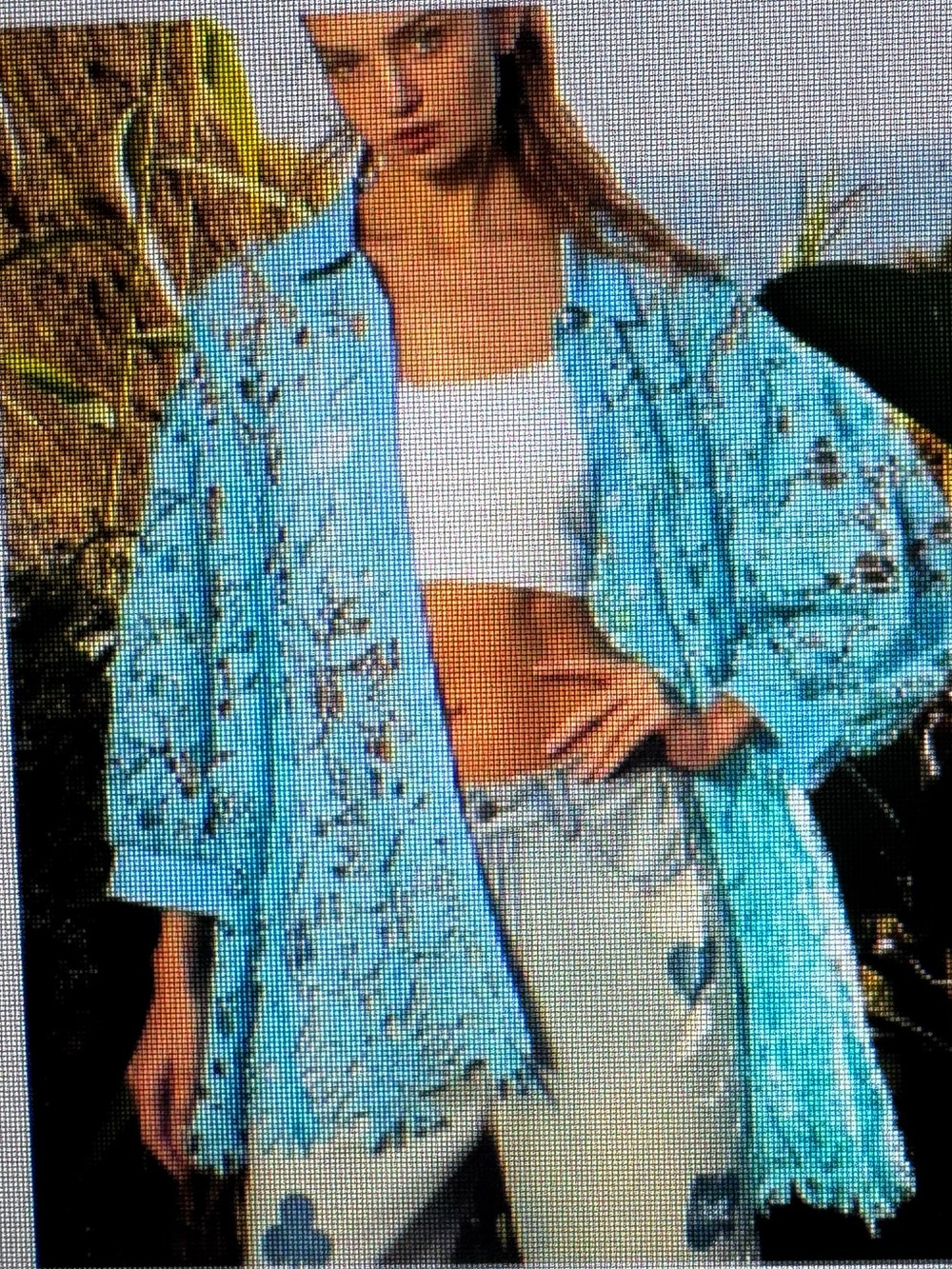 POL Light Blue chambray accented by Aqua Embroidered shirt Button-Front Top 1